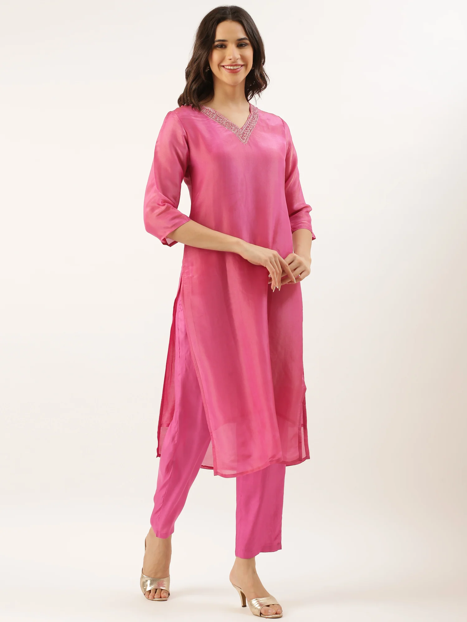 Pink Tissue Hand Embroidery Three Piece Suit Set - Image 2