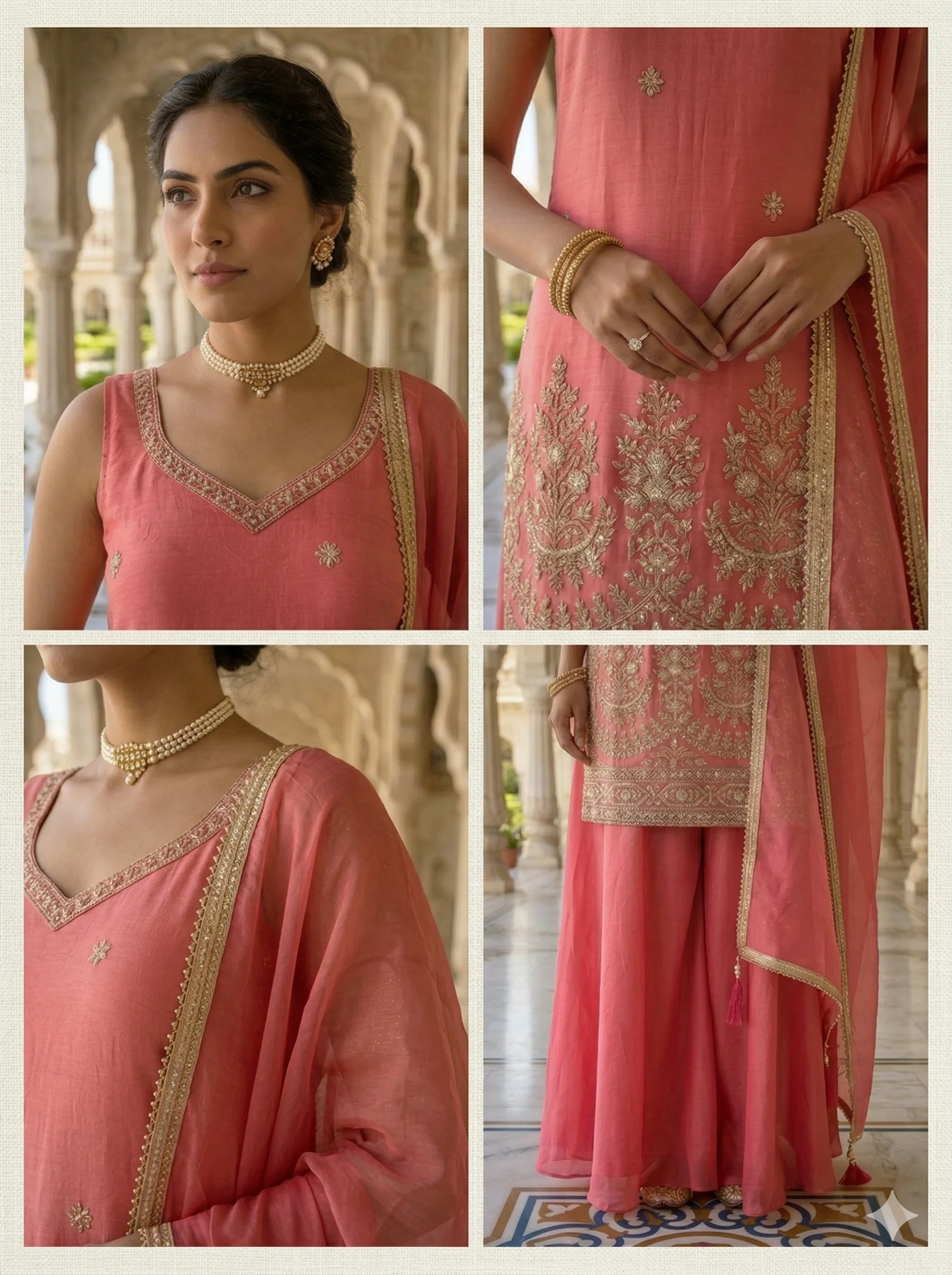 Pink Tissue Heavy Floral Beads Embroidered Three Piece Set - Image 5