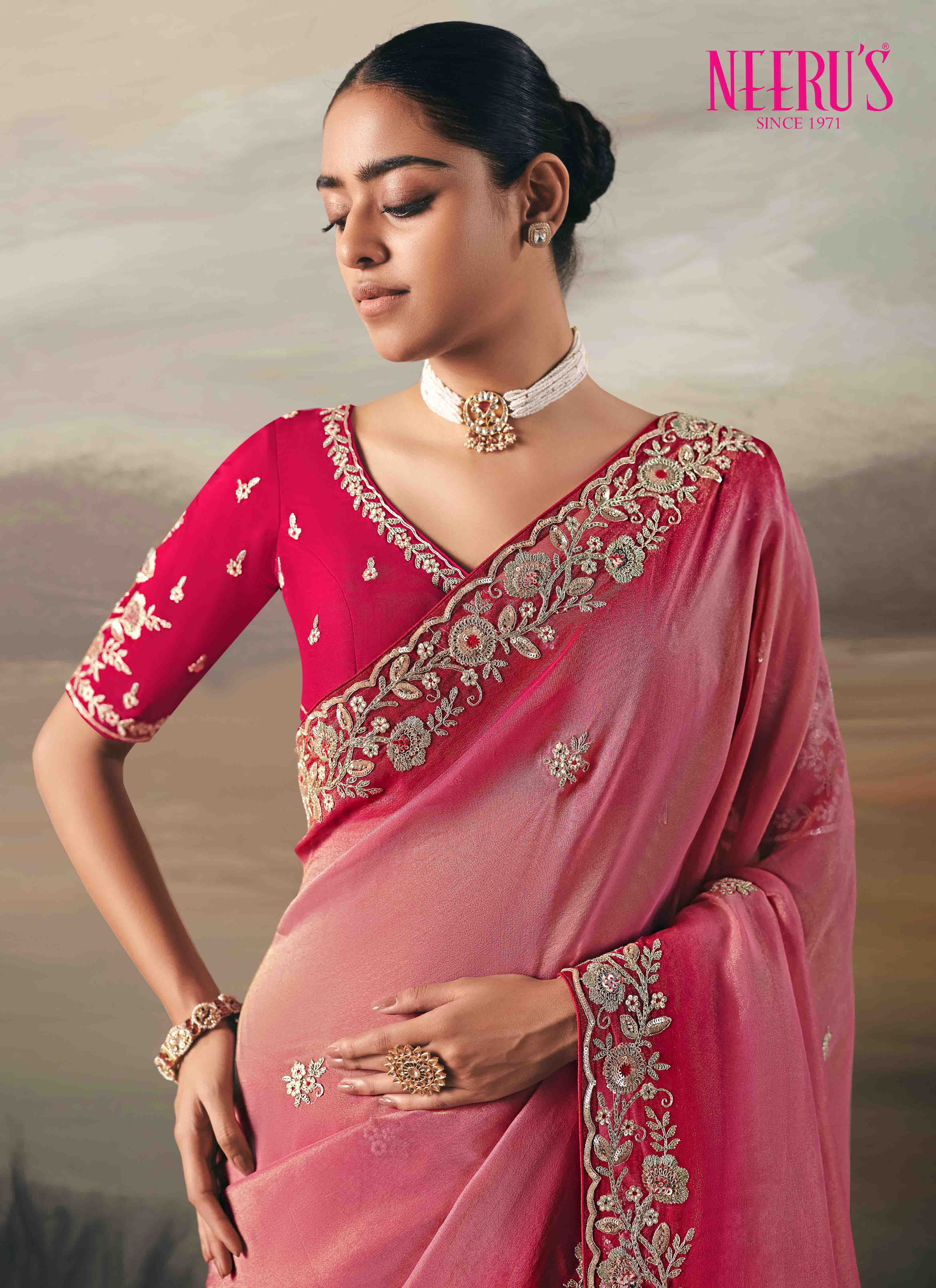 Pink Tissue Saree With Hand Embroidery Work - Image 2