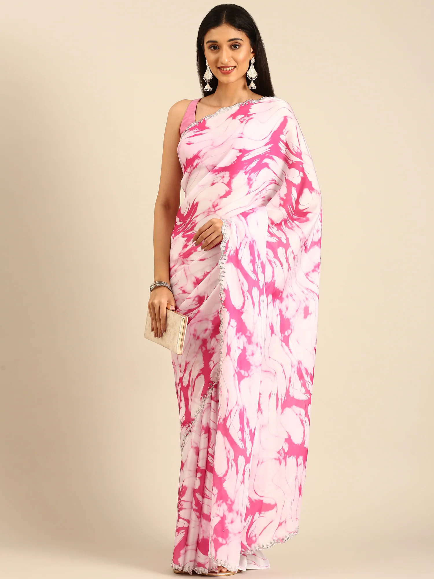 Pink & white printed satin saree with Swarovski embroidery - Image 4
