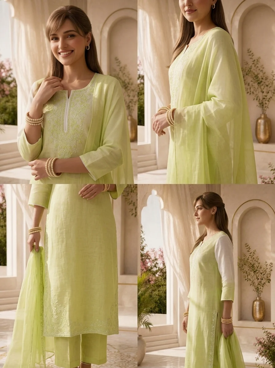 Pista And Cream Floral Thread Embroidery Linen Three Piece Set - Image 5