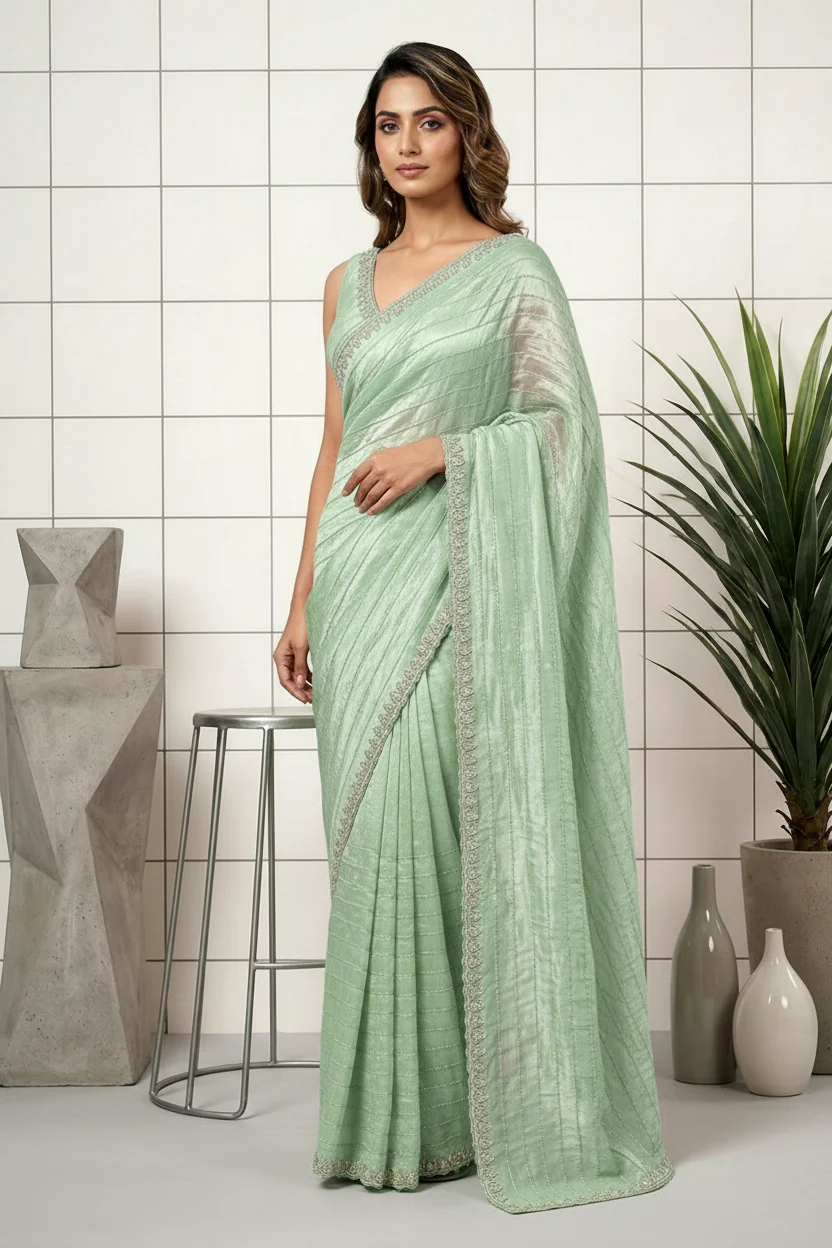 Pista Beads Embroidered Organza Saree