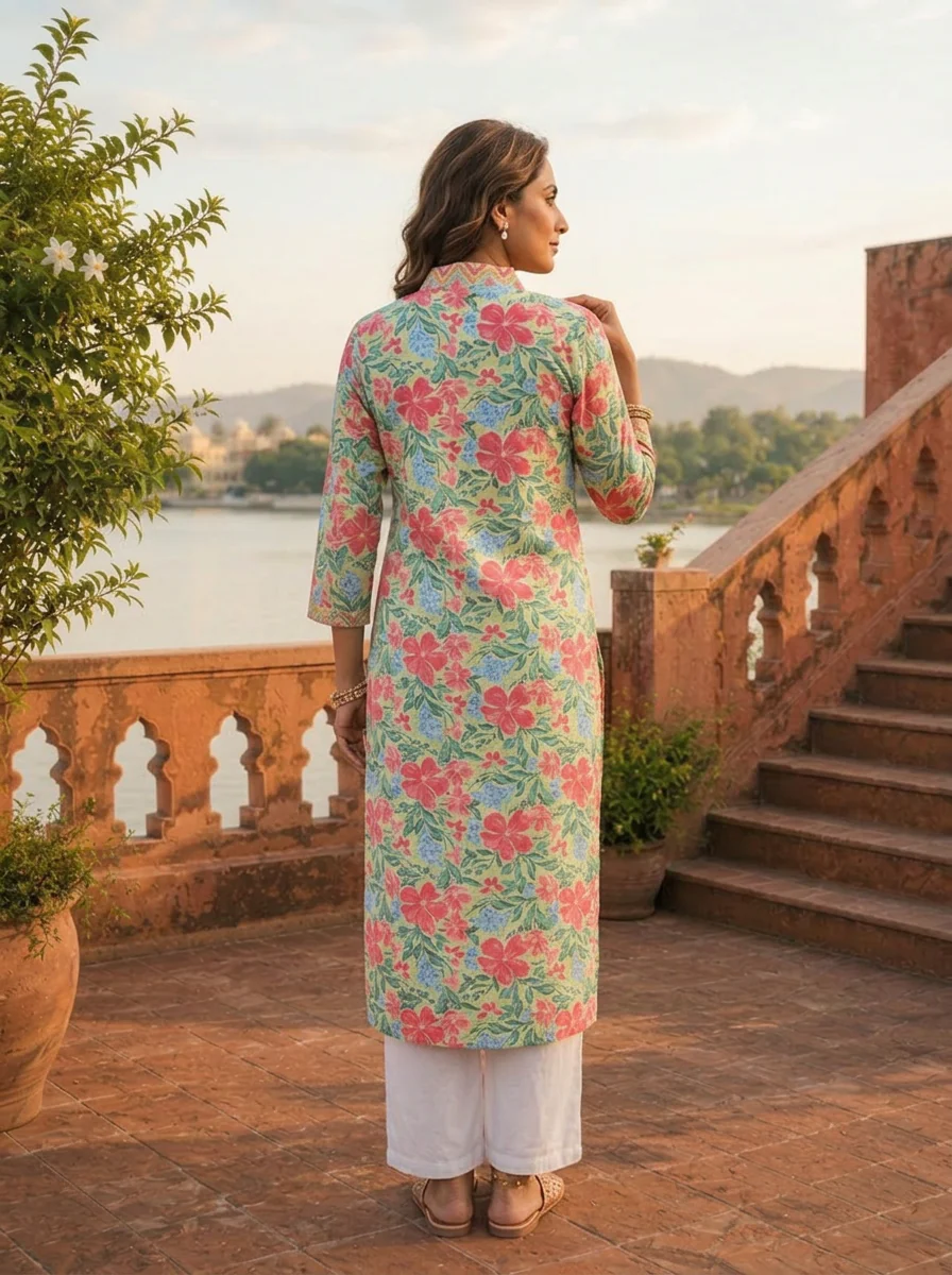 Pista Cotton Multicolor Hibiscus Printed Kurta - Image 3