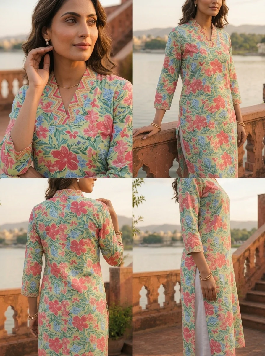 Pista Cotton Multicolor Hibiscus Printed Kurta - Image 6