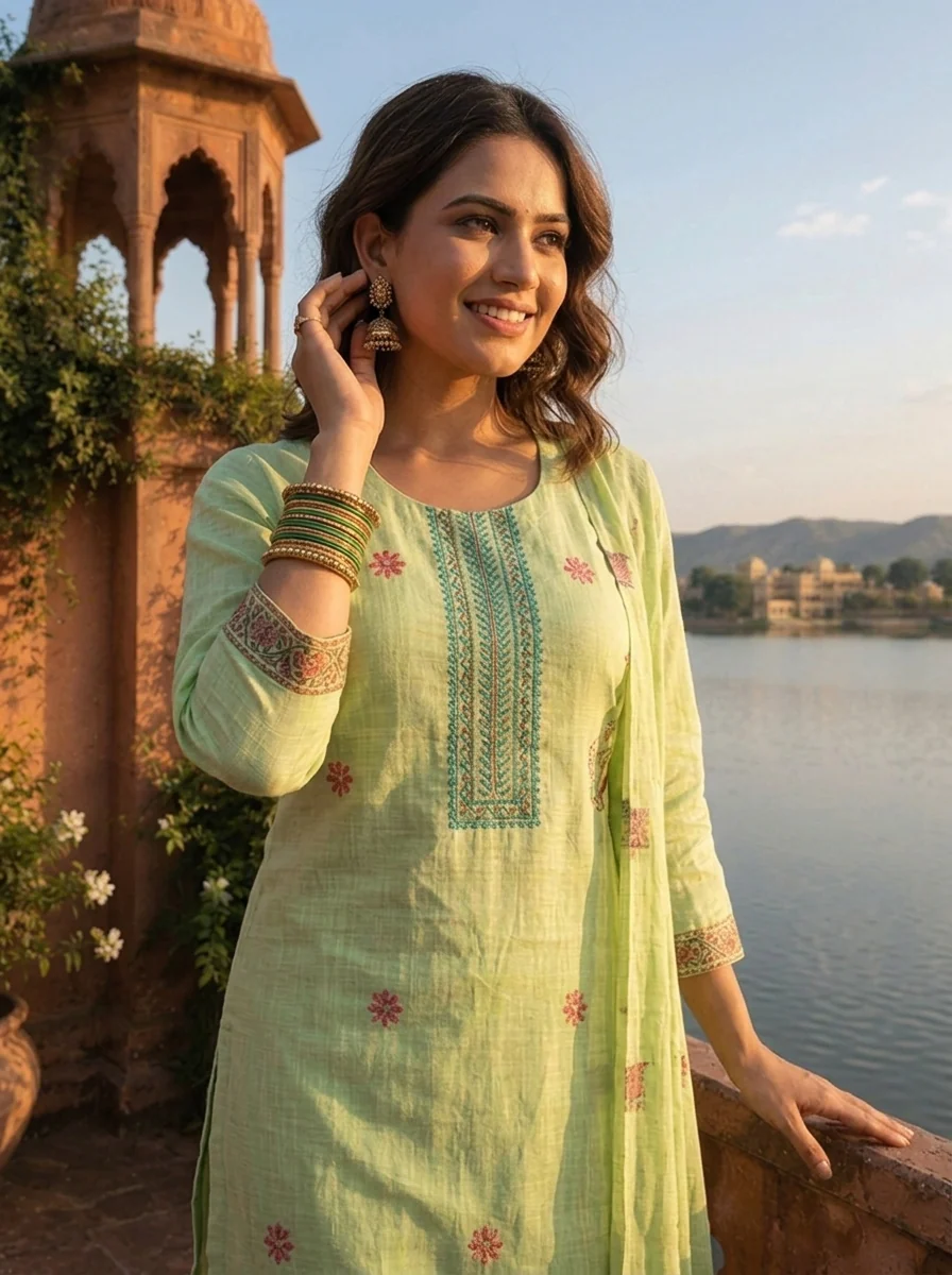 Pista Green Chanderi Silk Pichwai Motif Weaved Three Piece Set - Image 6