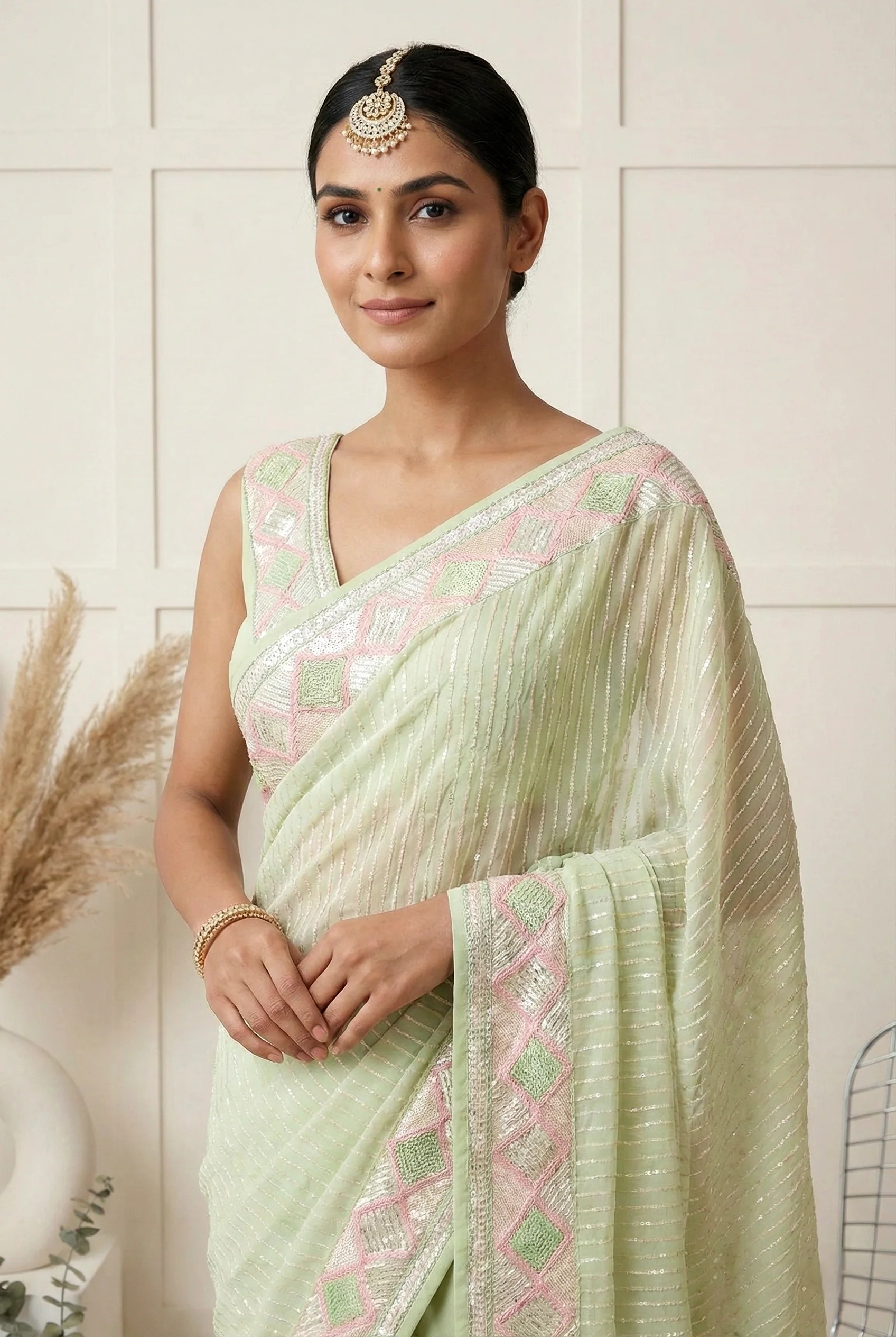 Pista Green Georgette Sequins Embroidery Saree - Image 2