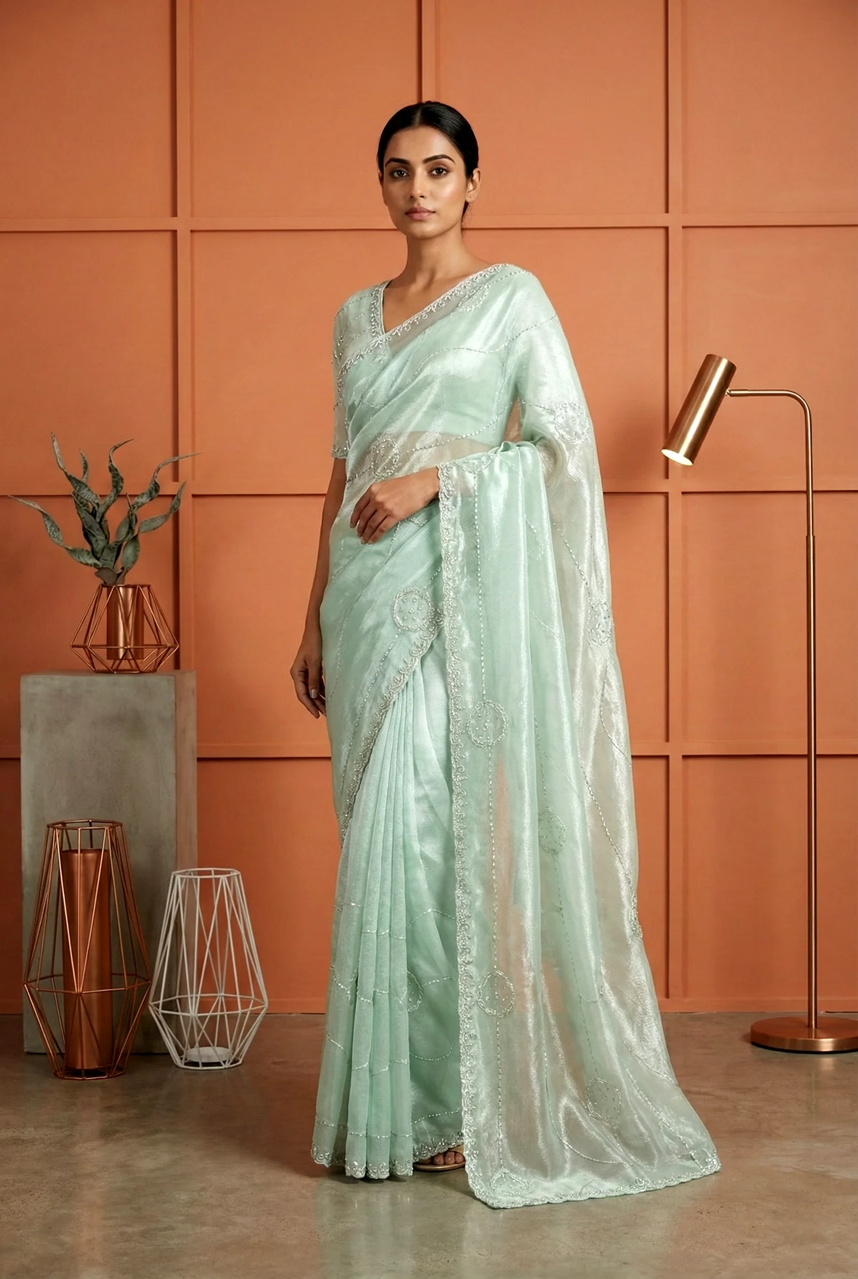 Pista Green Jimmy Choo Sequins And Beads Embroidery Saree