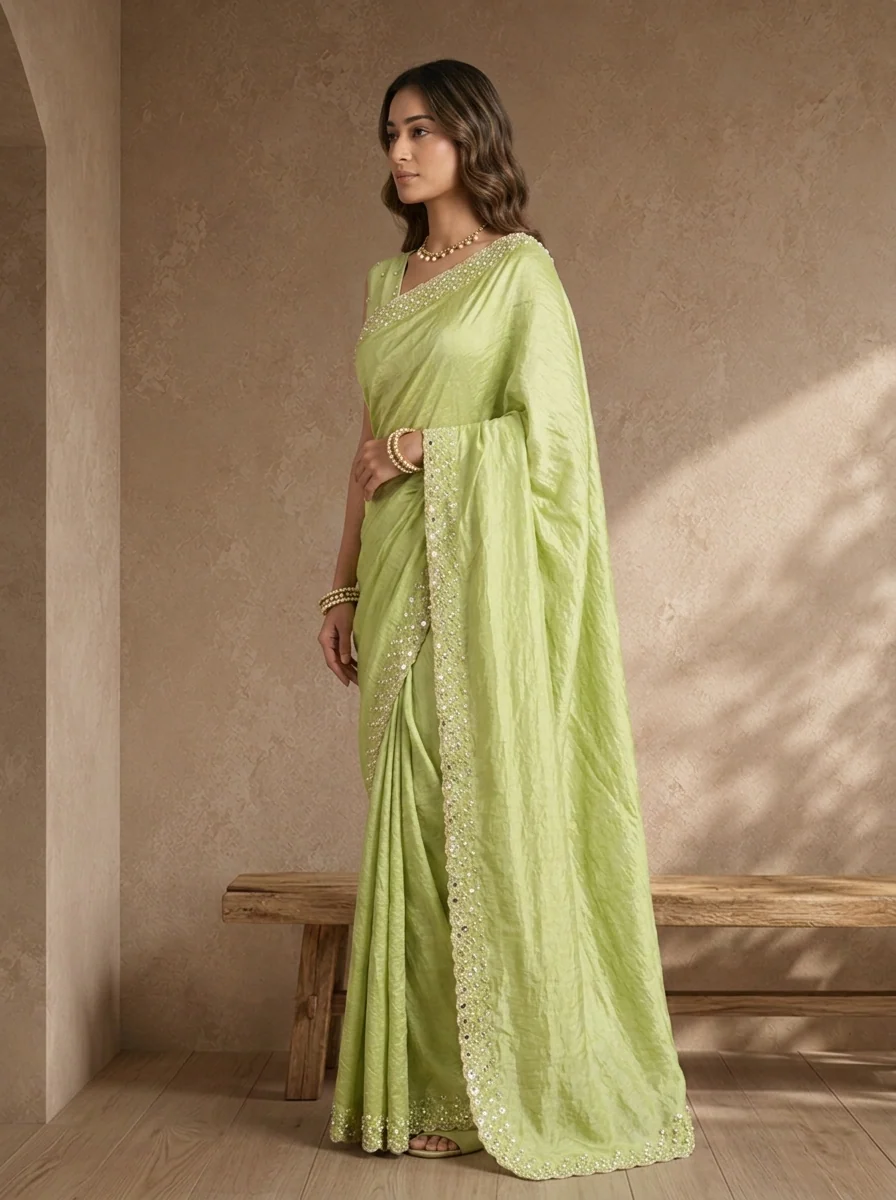 Pista Green Organza Solid Saree With Mirror And Pearl Border - Image 2