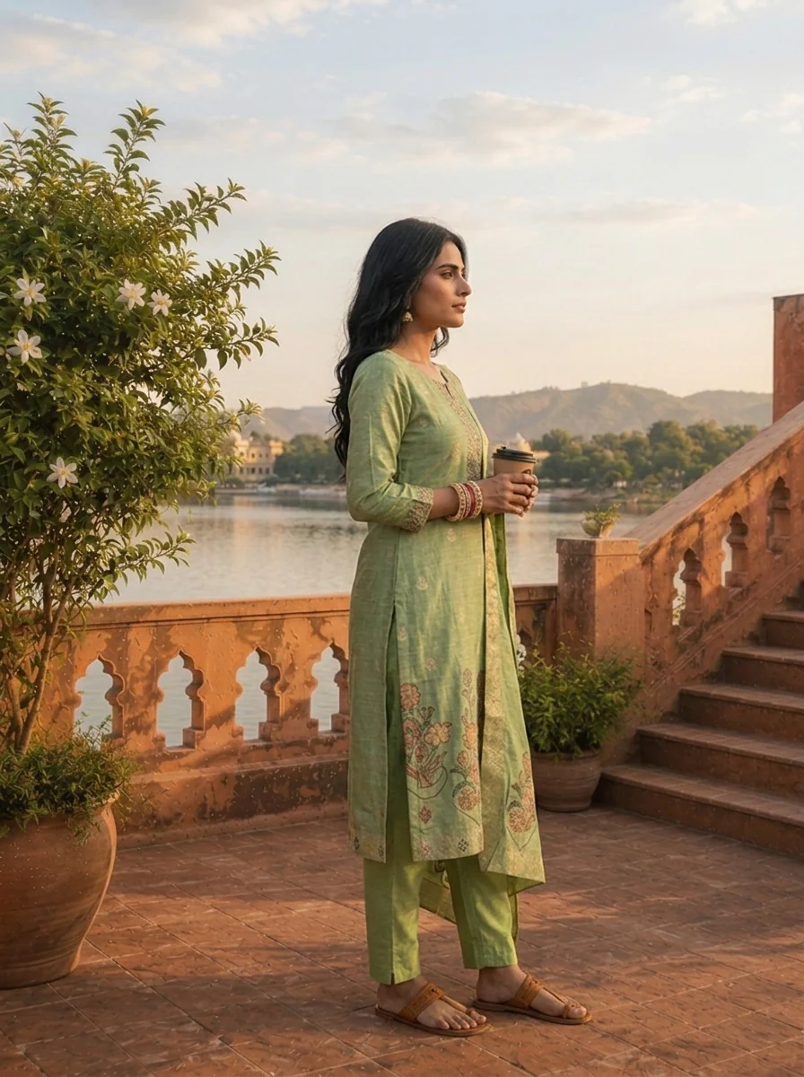 Pista Green Silk Zari Buta Weaved Three Piece Set - Image 2