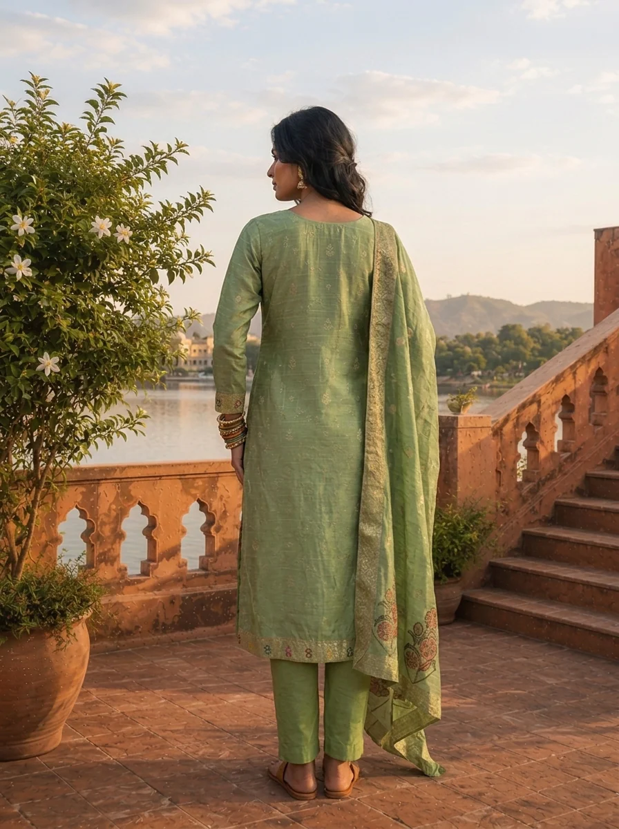 Pista Green Silk Zari Buta Weaved Three Piece Set - Image 3