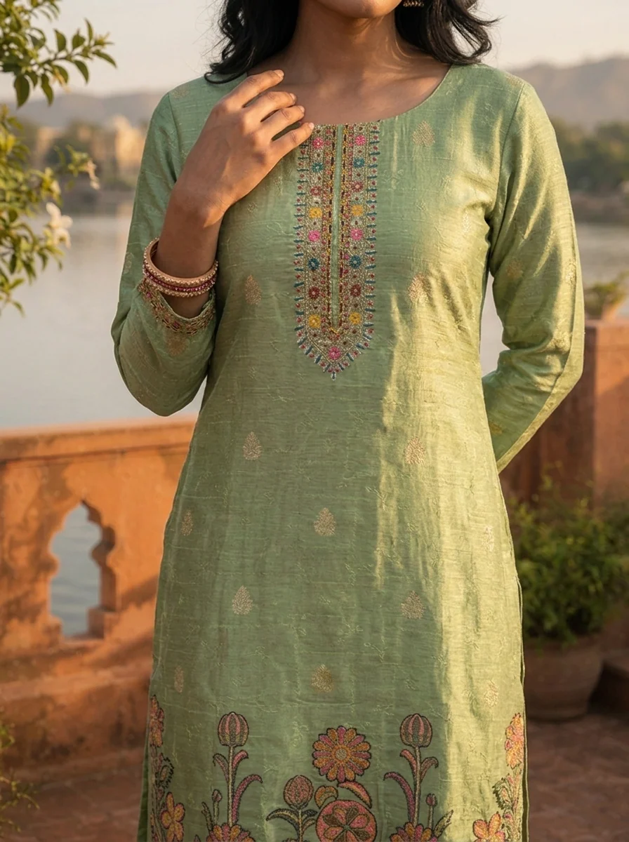 Pista Green Silk Zari Buta Weaved Three Piece Set - Image 4