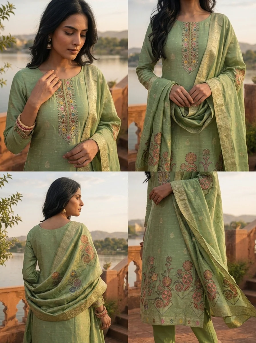 Pista Green Silk Zari Buta Weaved Three Piece Set - Image 5