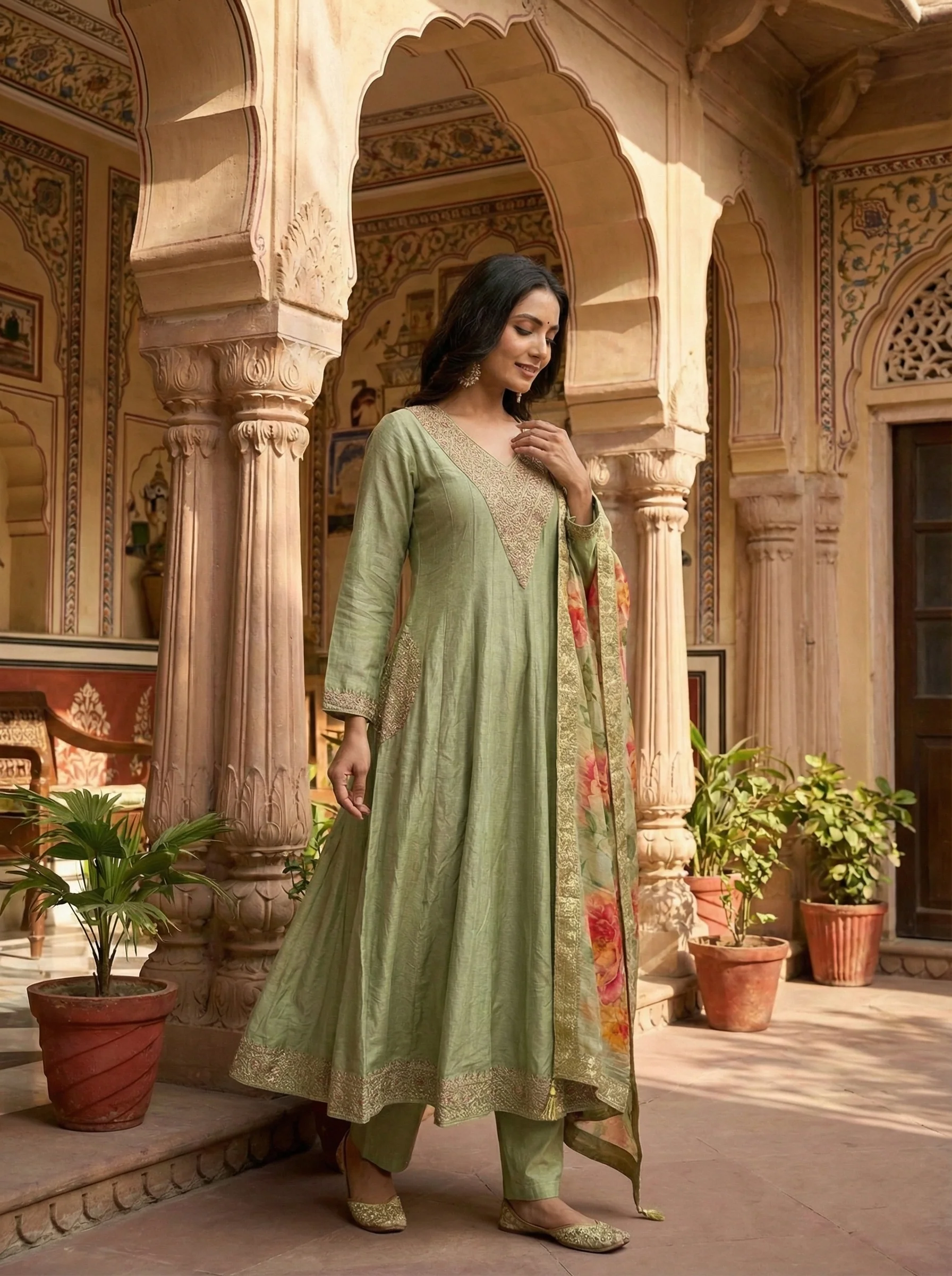 Pista Green Silk Zari Hand Embroidery Three Piece Set - Image 3