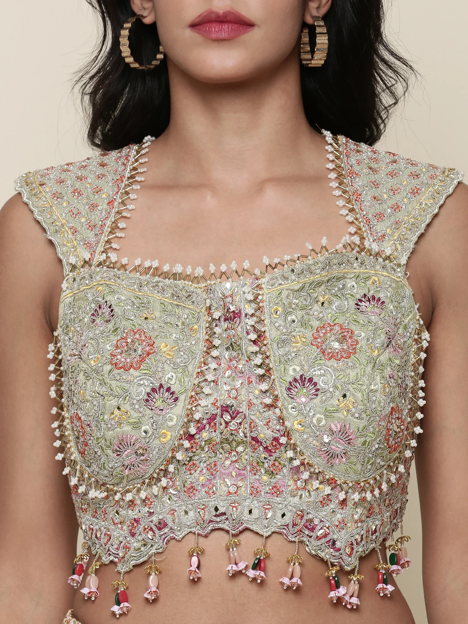 Pista Green Tissue digital printed embroidered ghagra set - Image 4