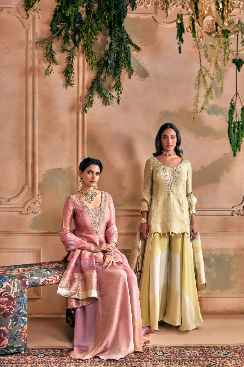 Pista Green Tissue Zari Embroidered Palazzo Set With Dupatta