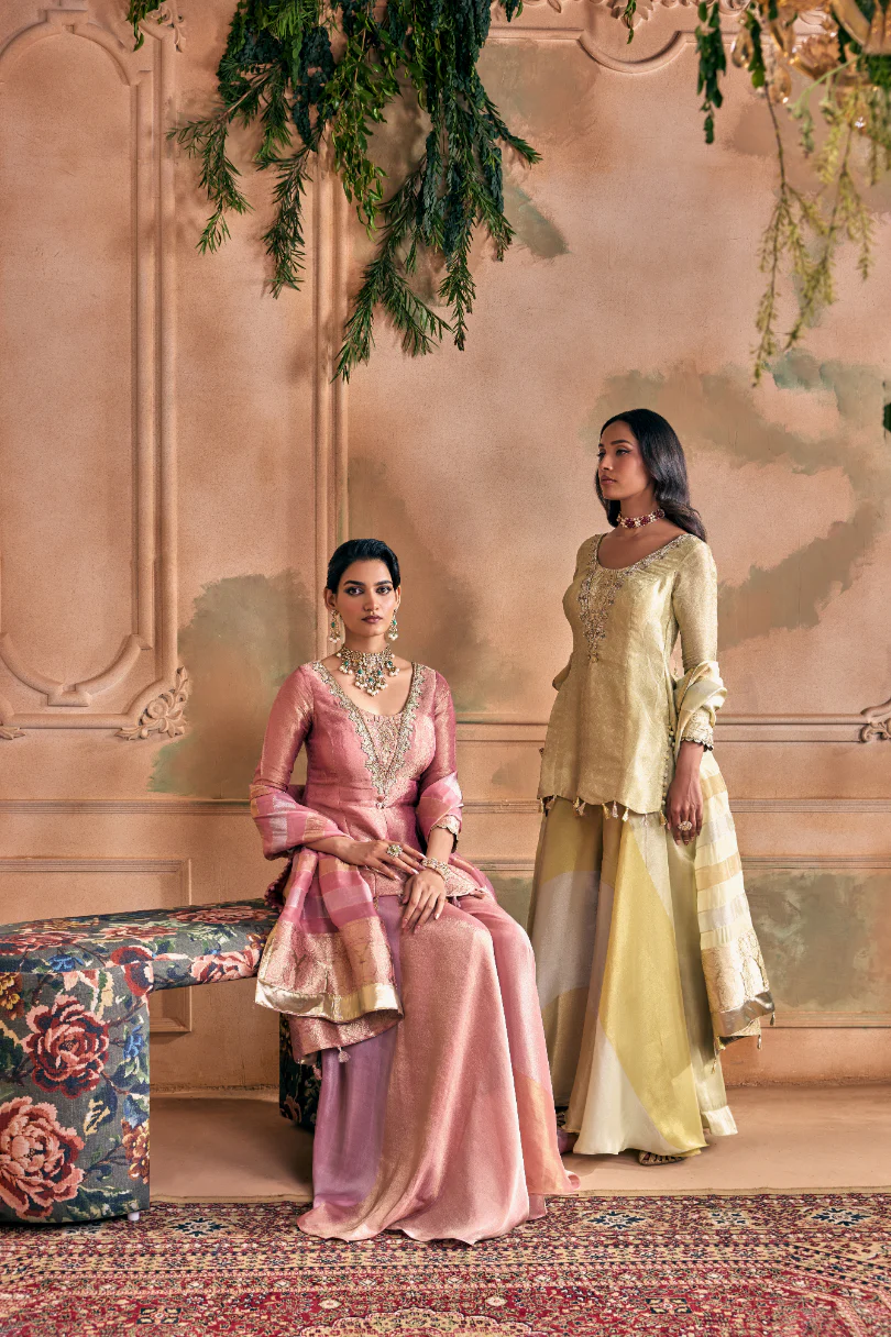 Pista Green Tissue Zari Embroidered Palazzo Set With Dupatta - Image 4
