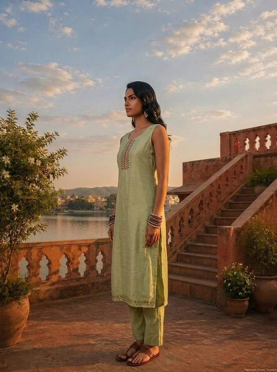 Pista Green Vichitra Silk Embroidery Three Piece Set With Floral Weaved Dupatta - Image 3