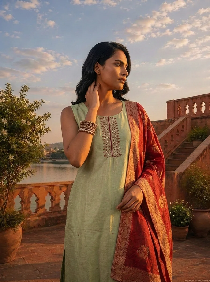 Pista Green Vichitra Silk Embroidery Three Piece Set With Floral Weaved Dupatta - Image 4