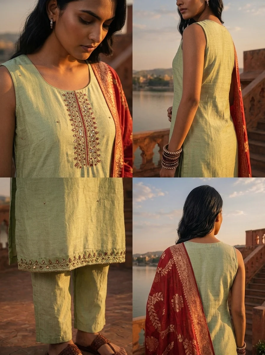 Pista Green Vichitra Silk Embroidery Three Piece Set With Floral Weaved Dupatta - Image 5