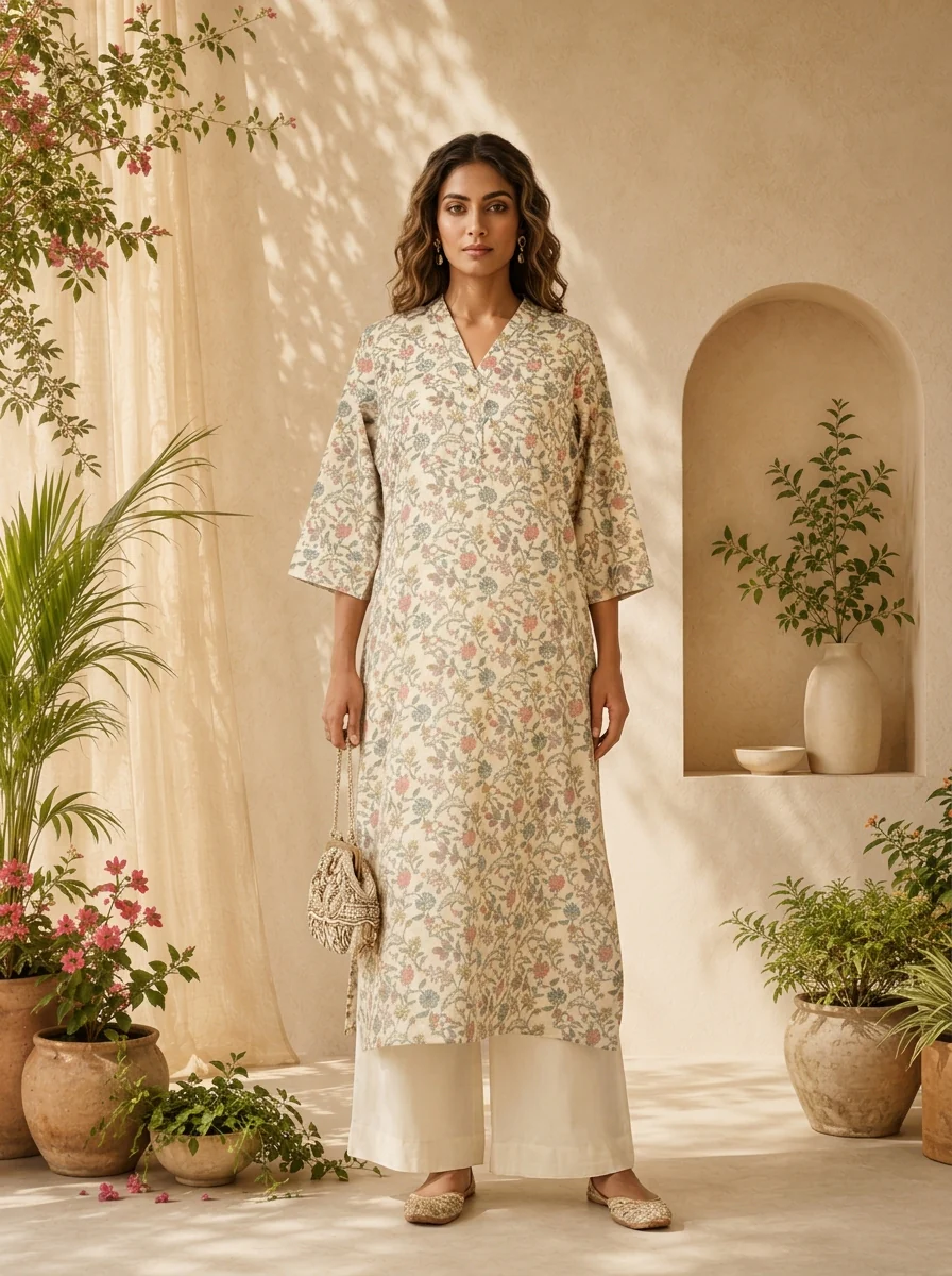 Pista Linen Heavy Floral Printed Kurta - Image 2