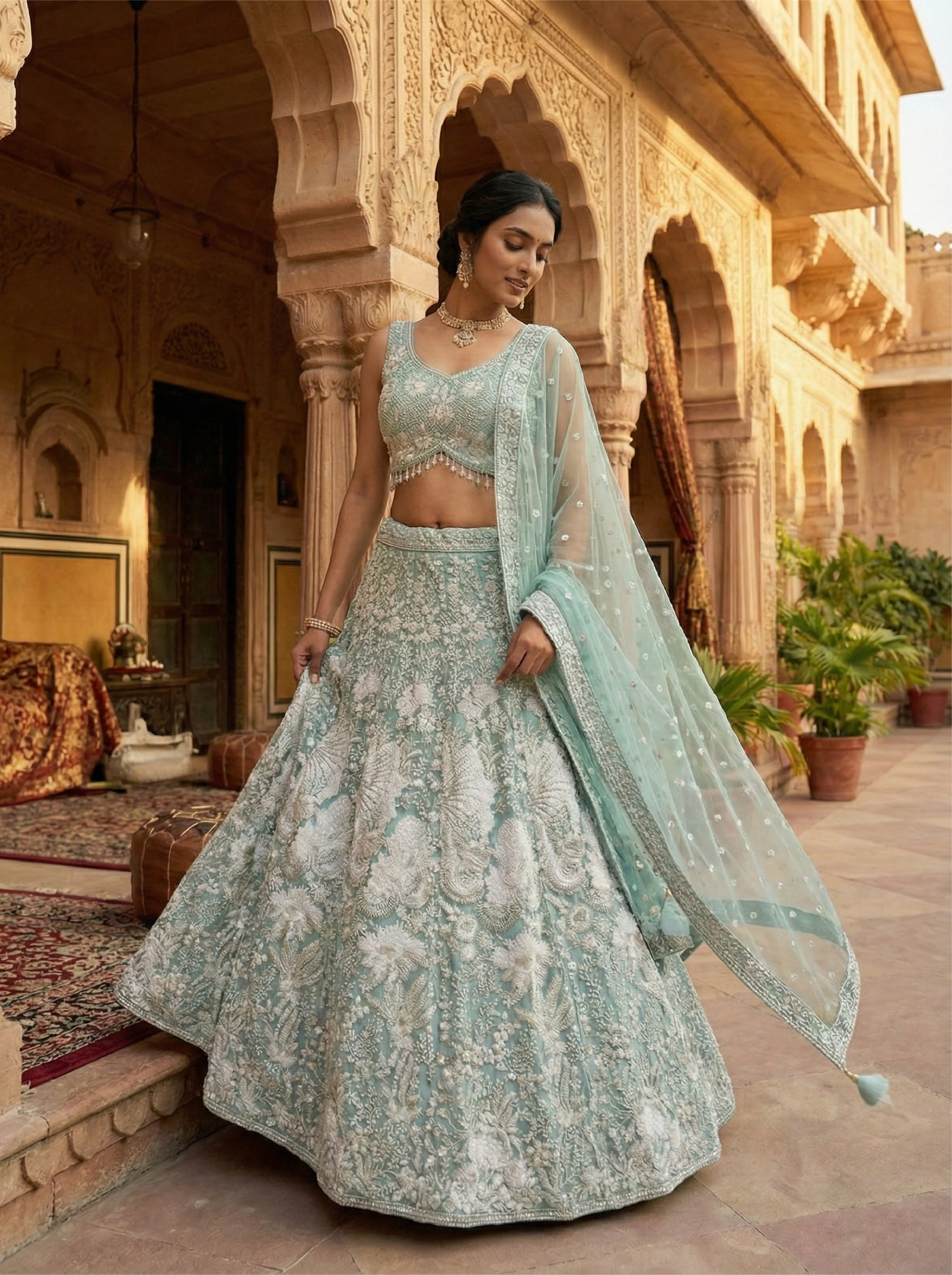 Pista Net Heavy Floral Embroidered Ghagra Set - Image 3