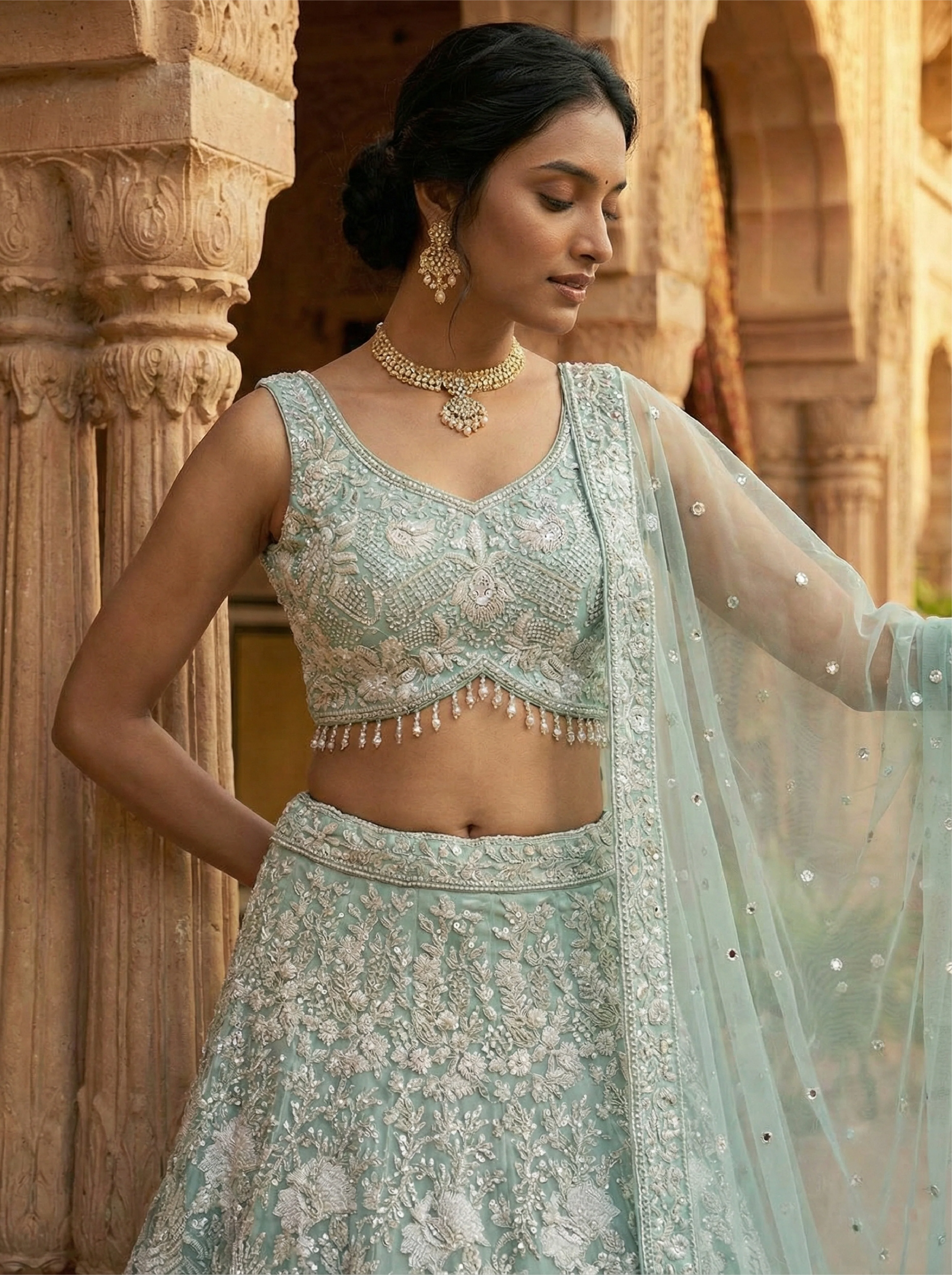Pista Net Heavy Floral Embroidered Ghagra Set - Image 4