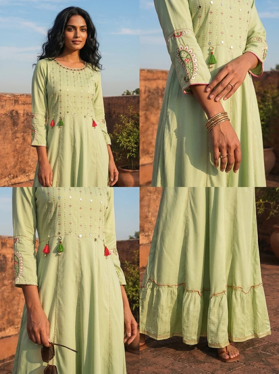 Pista Rayon Ruffle Multi Color Thread Embroidered Dress - Image 5