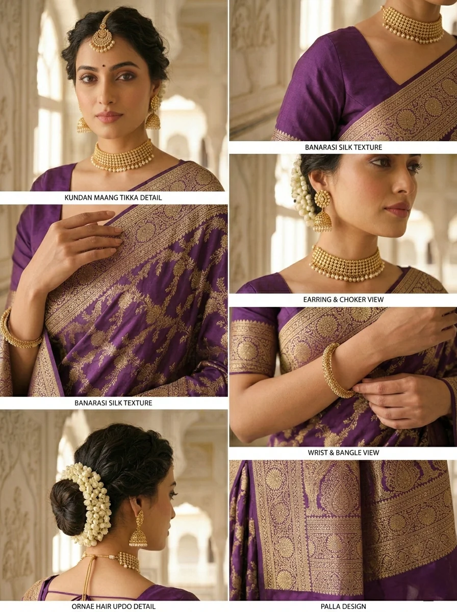 Purple Banaras Floral Pattu Saree - Image 3