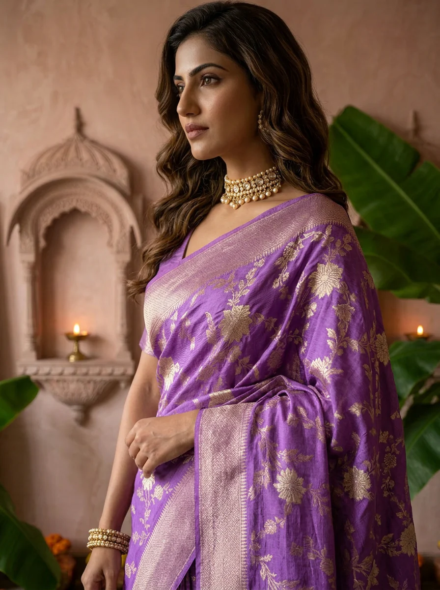 Purple Banaras Floral Weaved Saree - Image 3