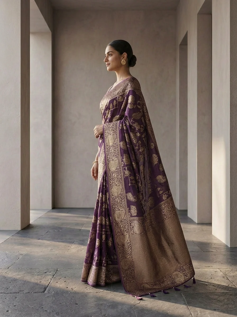 Purple Banaras Paisley Design Weaved Saree - Image 3