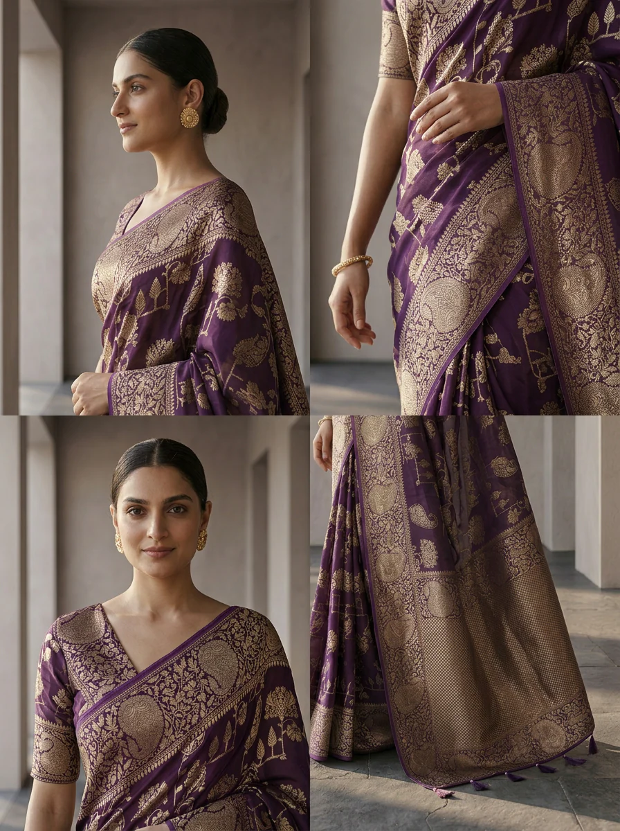 Purple Banaras Paisley Design Weaved Saree - Image 4