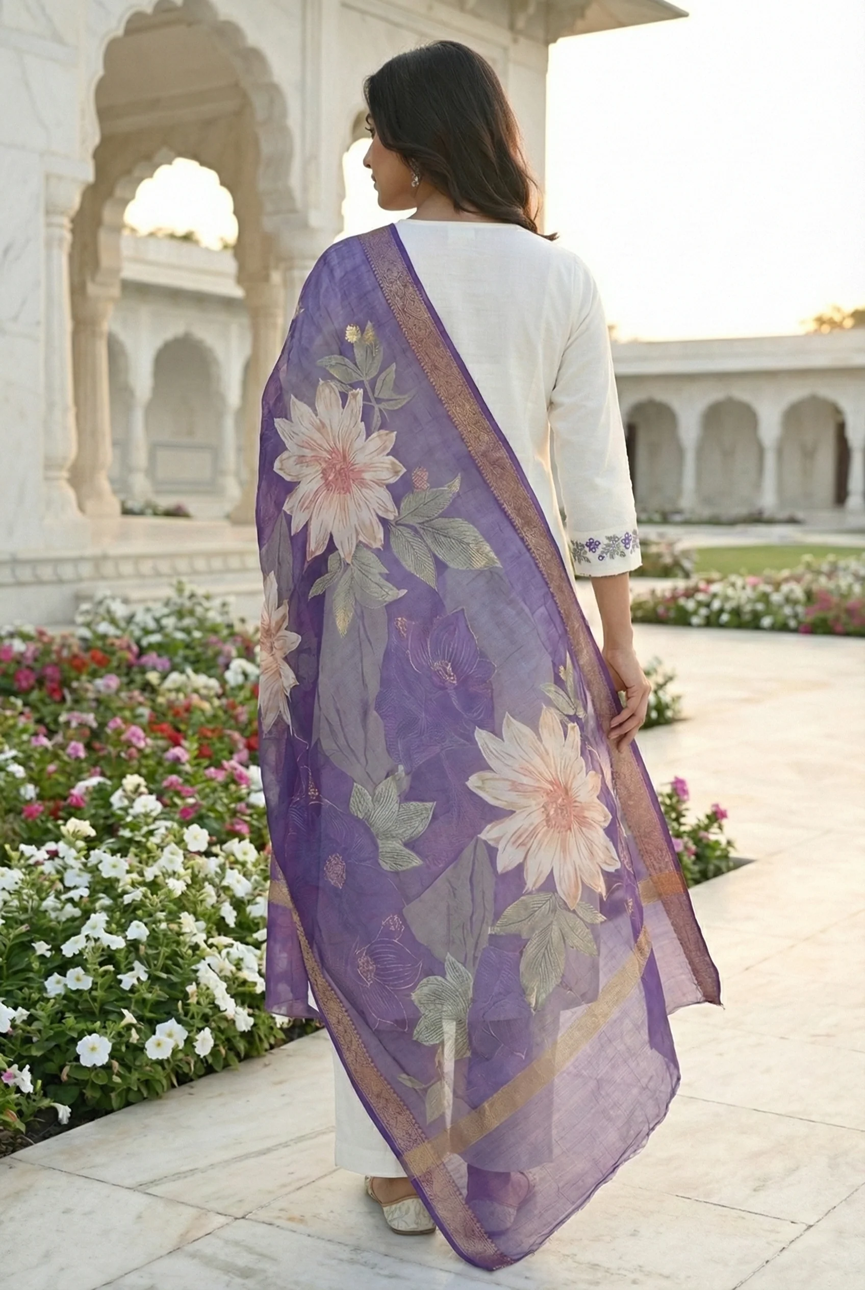 Purple Chanderi Hand Embroidery Three Piece Set - Image 3