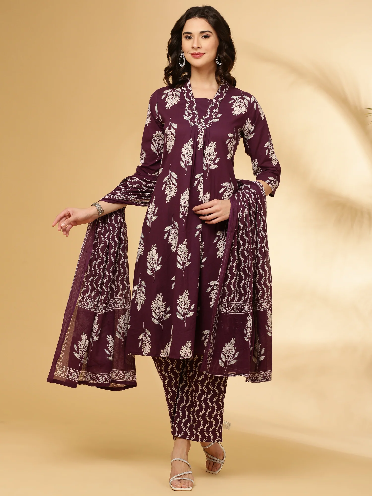 Purple Cotton Floral Printed Three Piece Set - Image 2