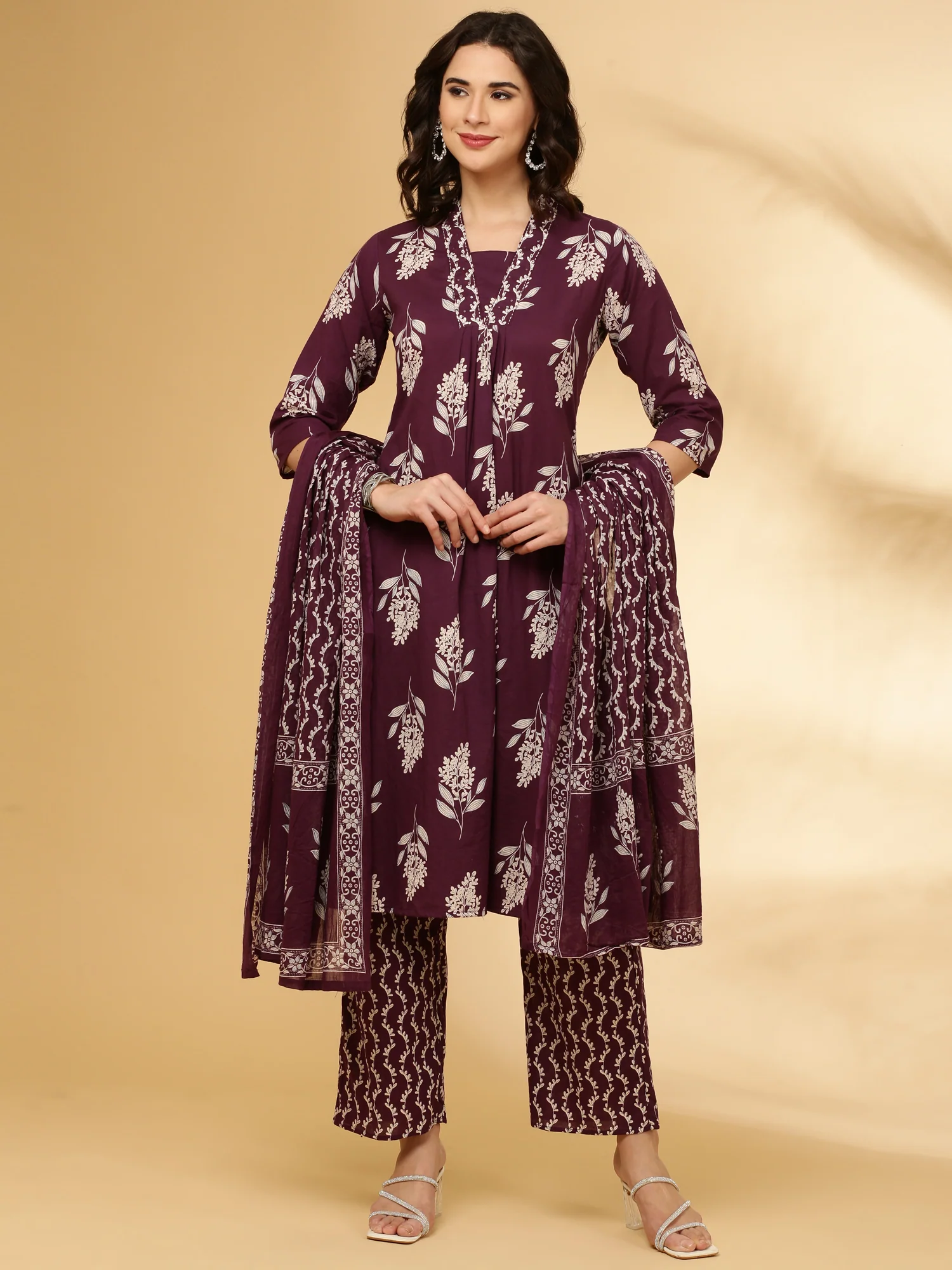 Purple Cotton Floral Printed Three Piece Set - Image 3