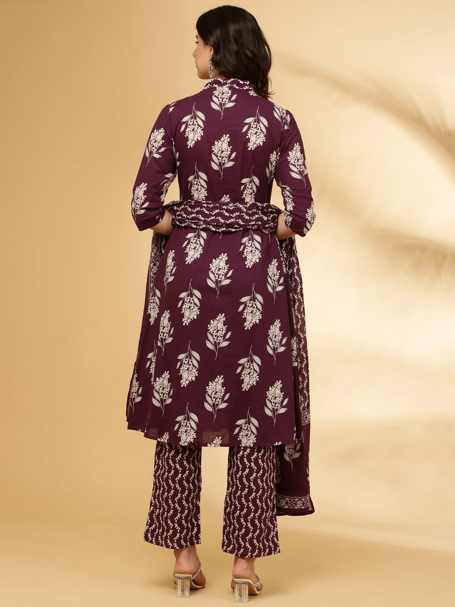Purple Cotton Floral Printed Three Piece Set - Image 4