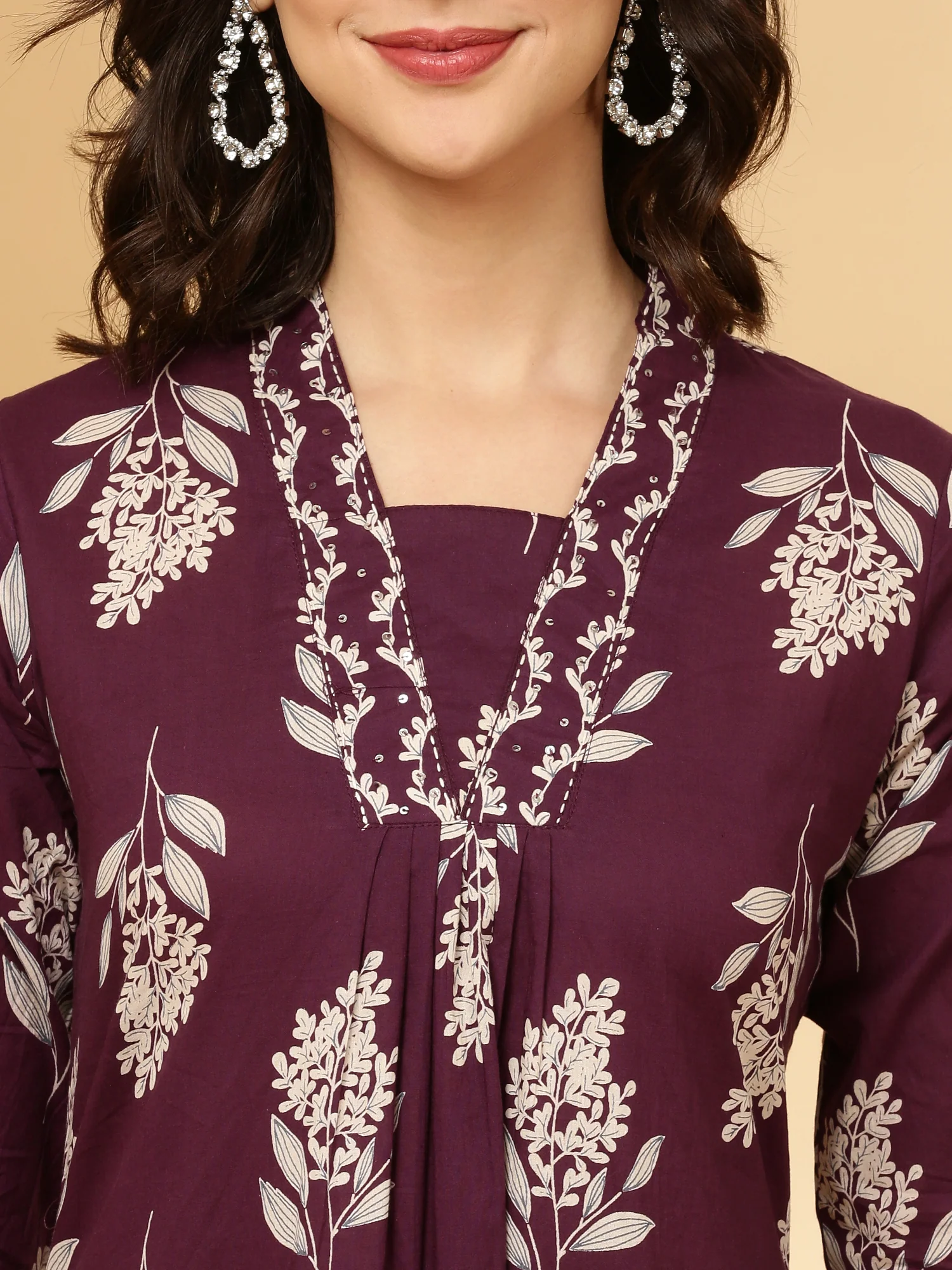 Purple Cotton Floral Printed Three Piece Set - Image 5