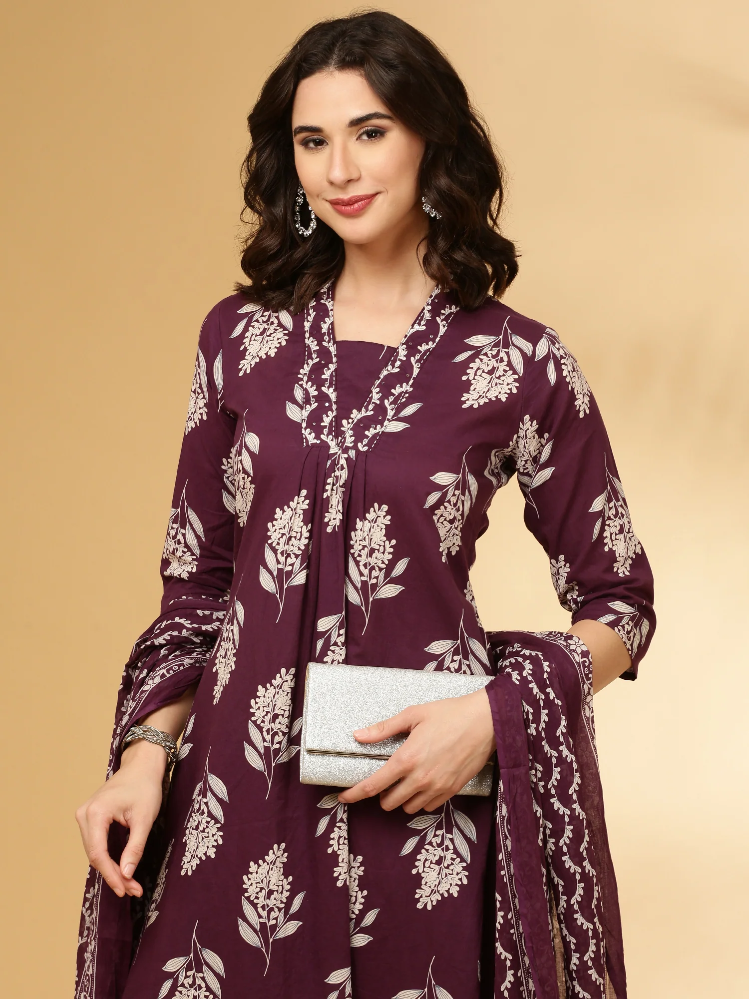 Purple Cotton Floral Printed Three Piece Set - Image 6
