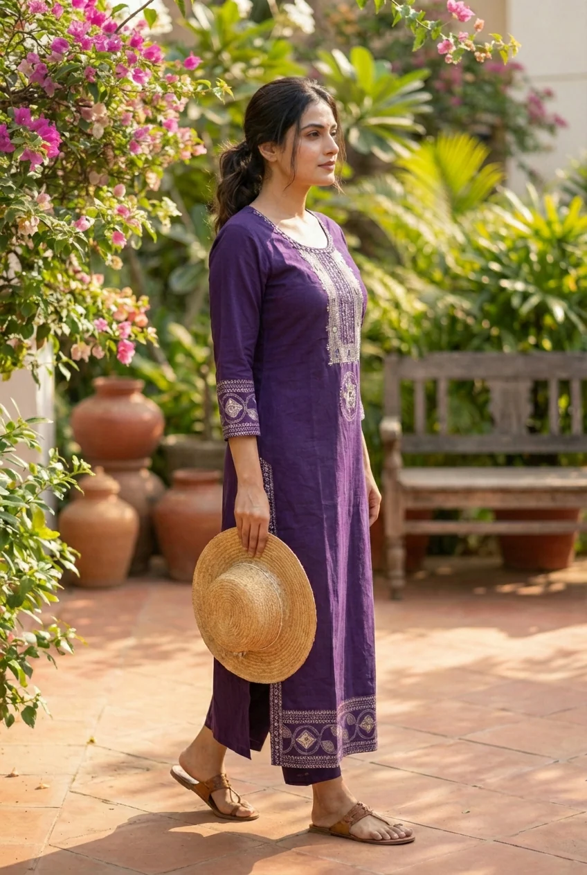 Purple Cotton Hand Embroidery Kurta - Image 2