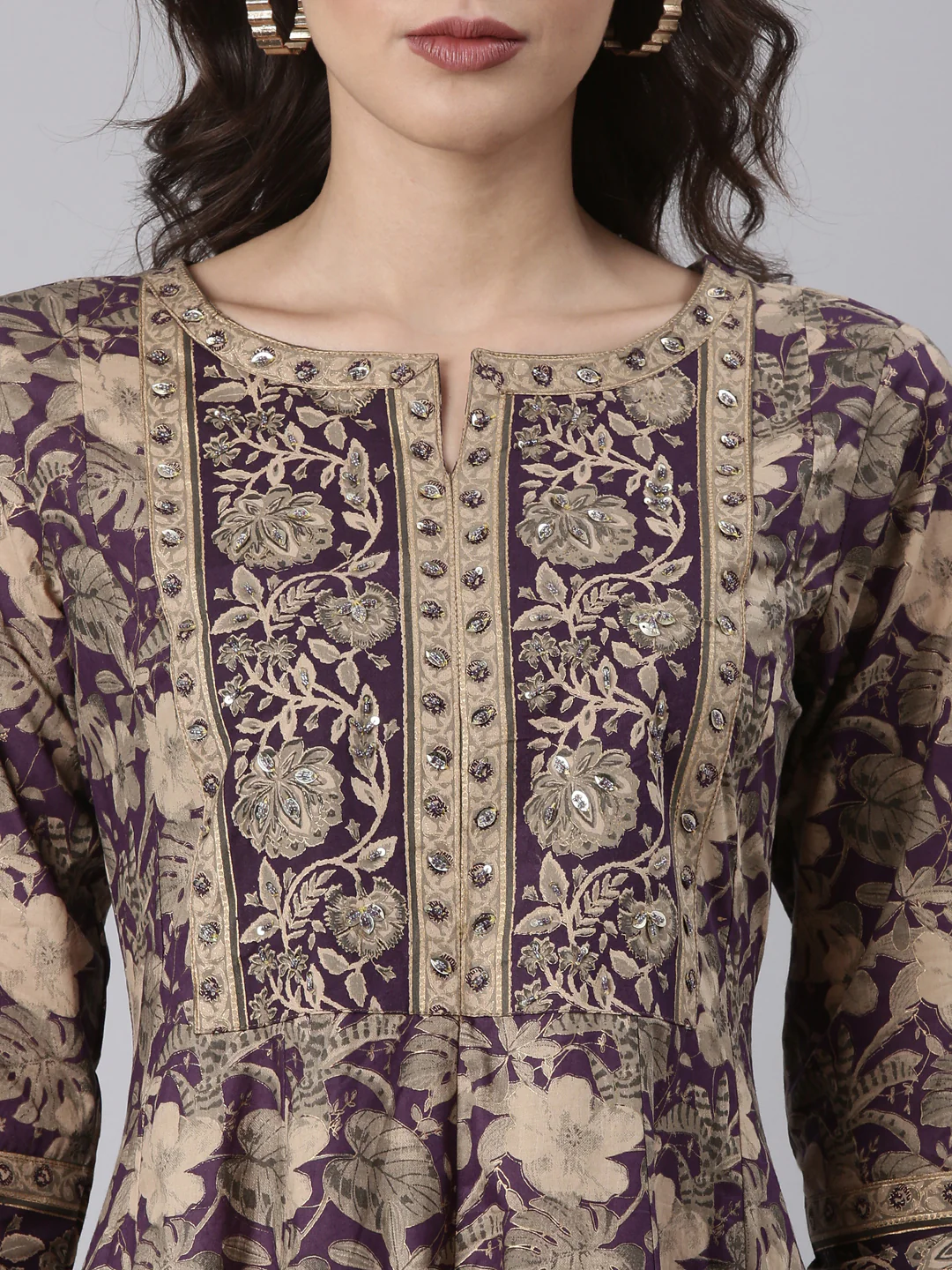 Purple Cotton Printed Anarkali Three Piece Set - Image 4