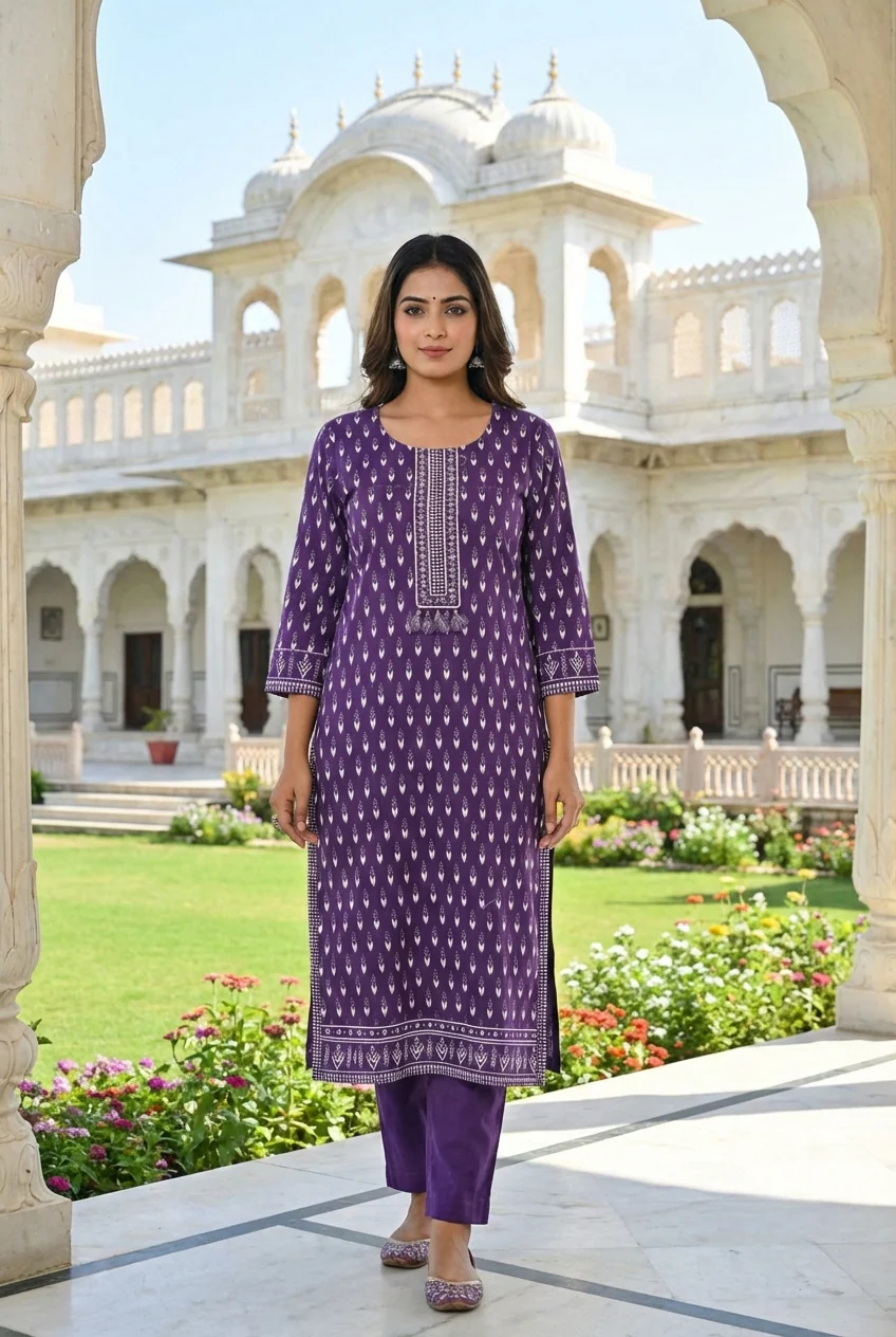 Purple Cotton Printed Two Piece Set - Image 2