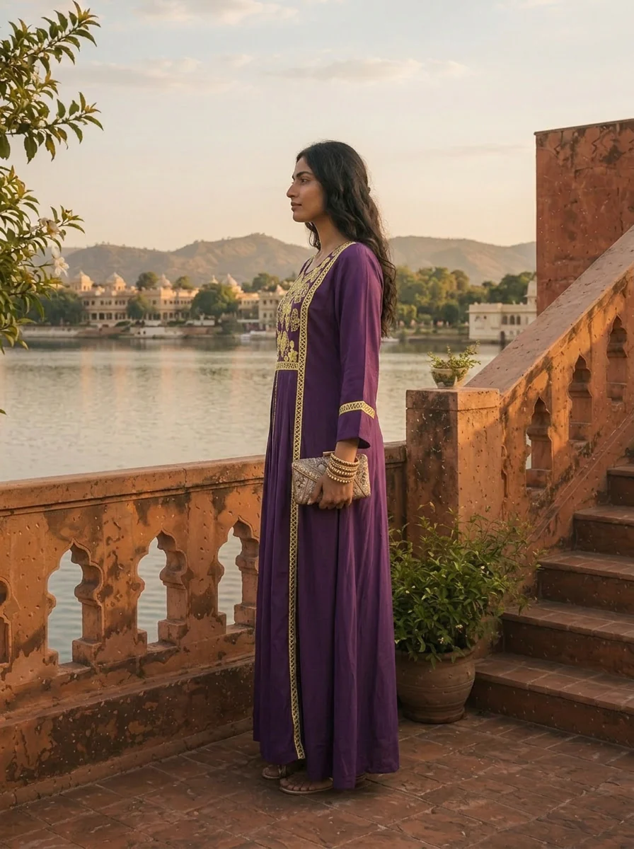 Purple Crepe Contrast Floral Thread Embroidered Dress - Image 3