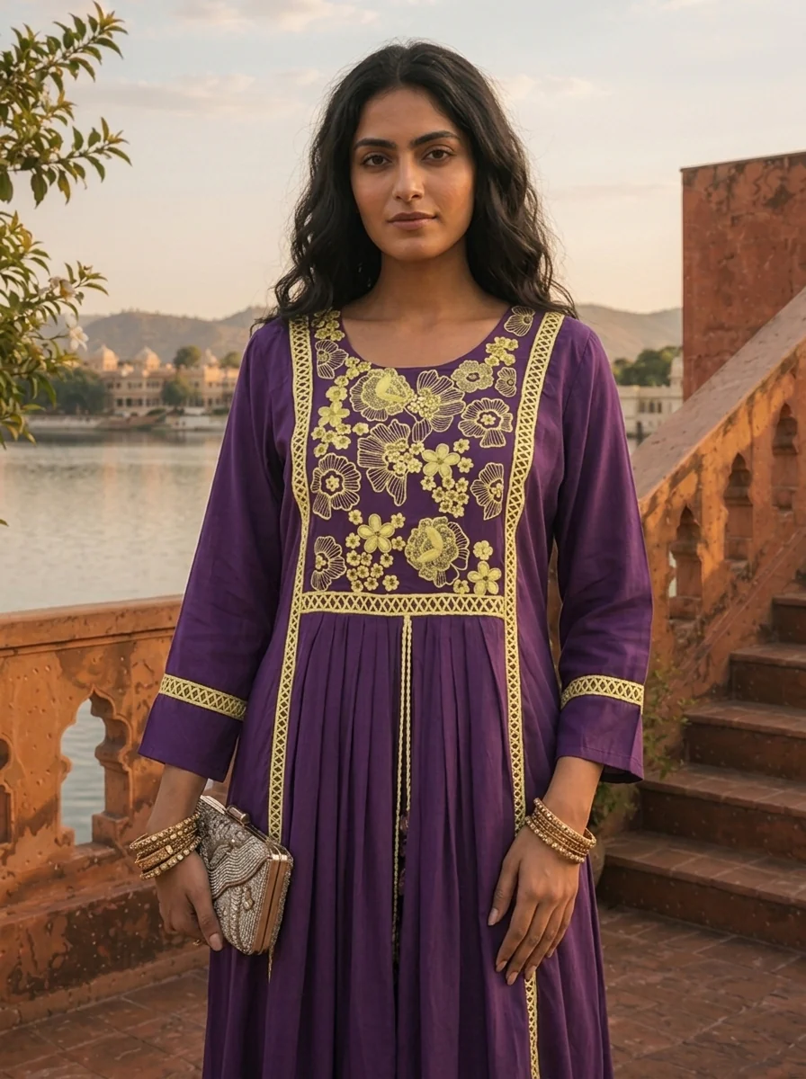 Purple Crepe Contrast Floral Thread Embroidered Dress - Image 4