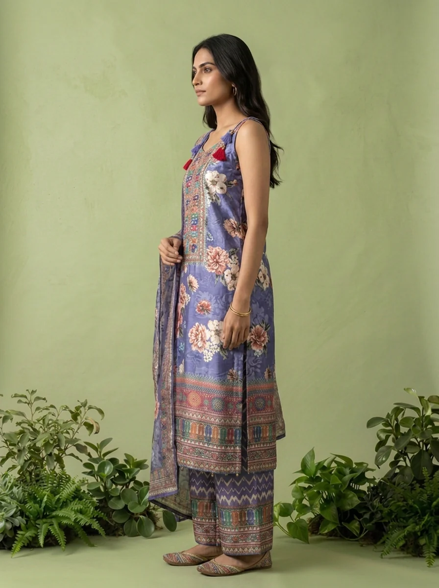 Purple Crepe Floral Printed And Thread Embroidery Three Piece Set - Image 3