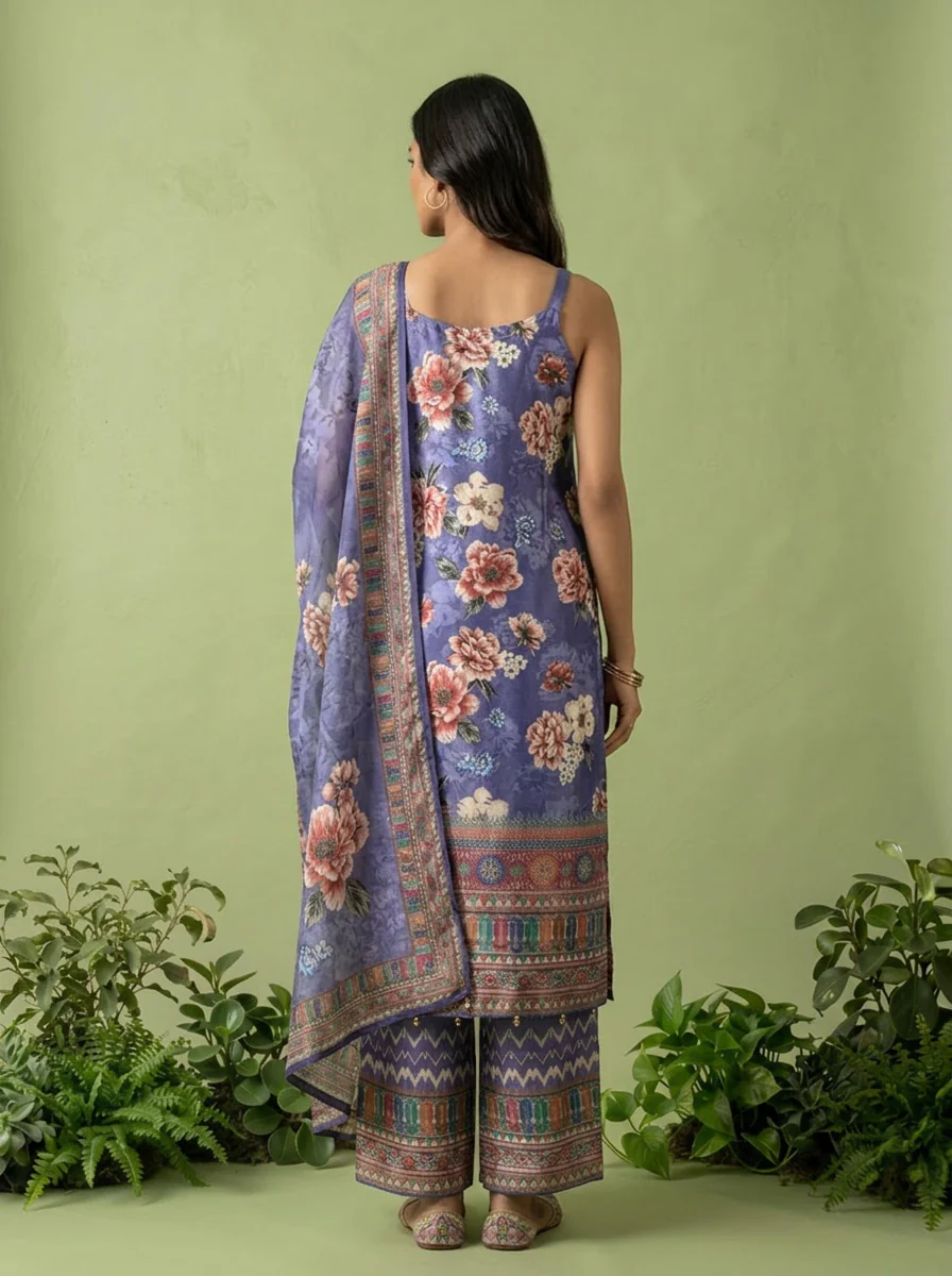Purple Crepe Floral Printed And Thread Embroidery Three Piece Set - Image 5
