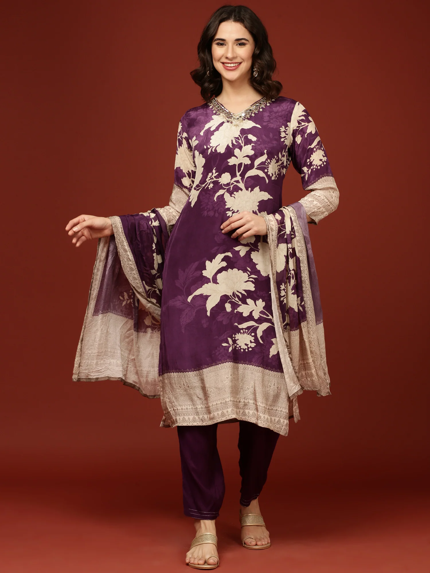 Purple Crepe Floral Printed Three Piece Set