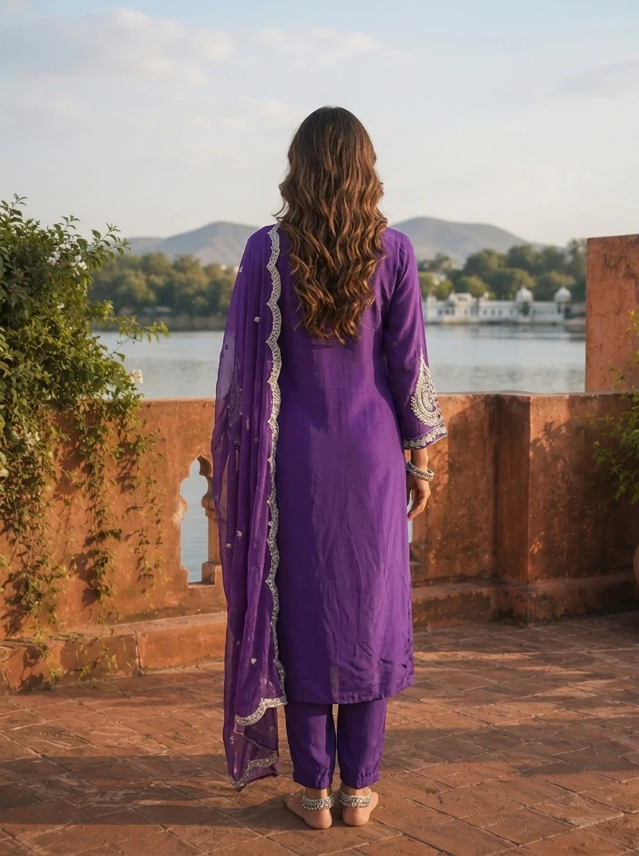 Purple Crepe Gota Patti Embroidered Three Piece Set - Image 3