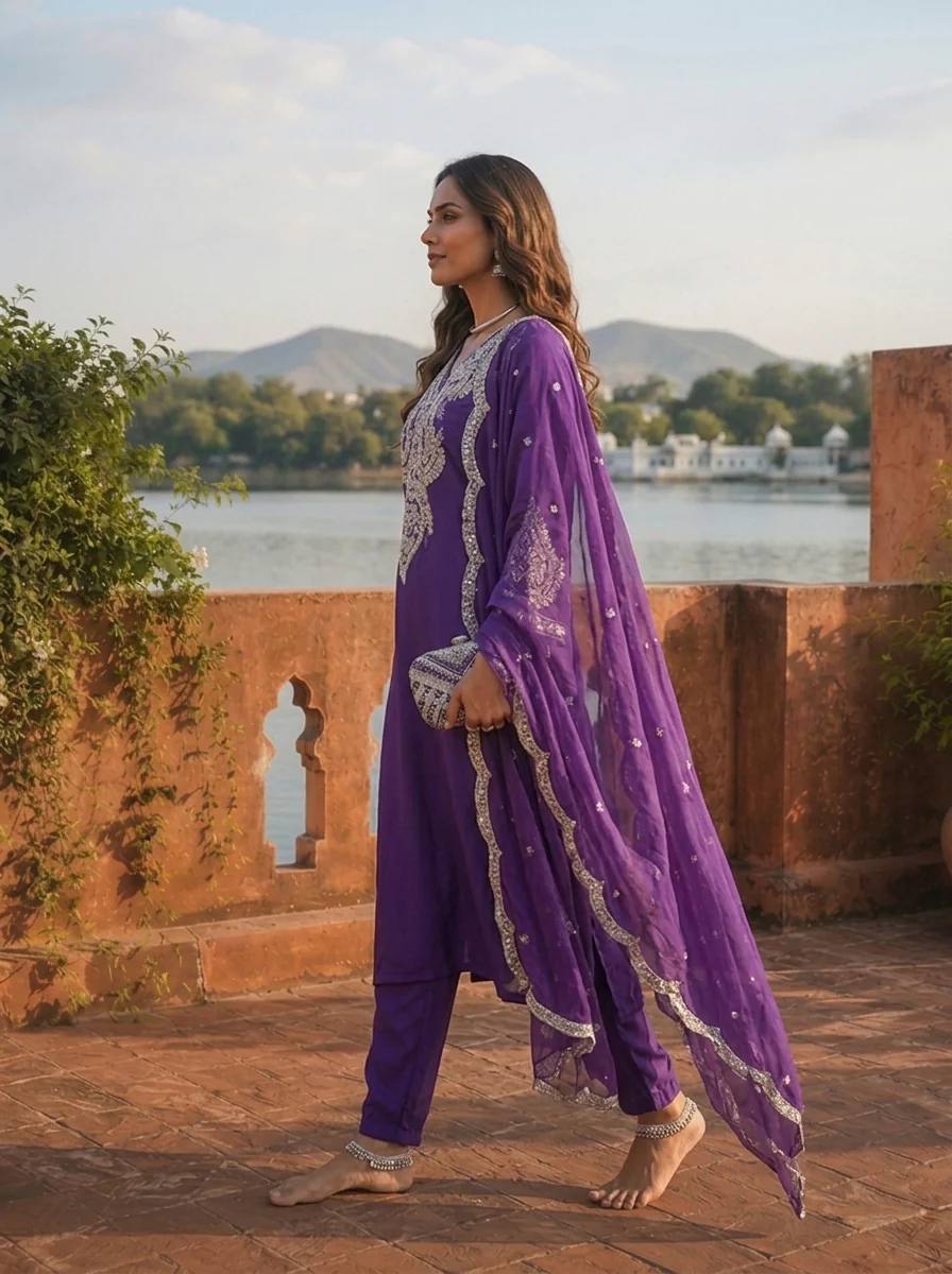 Purple Crepe Gota Patti Embroidered Three Piece Set - Image 4