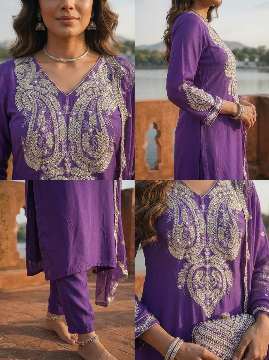 Purple Crepe Gota Patti Embroidered Three Piece Set - Image 5