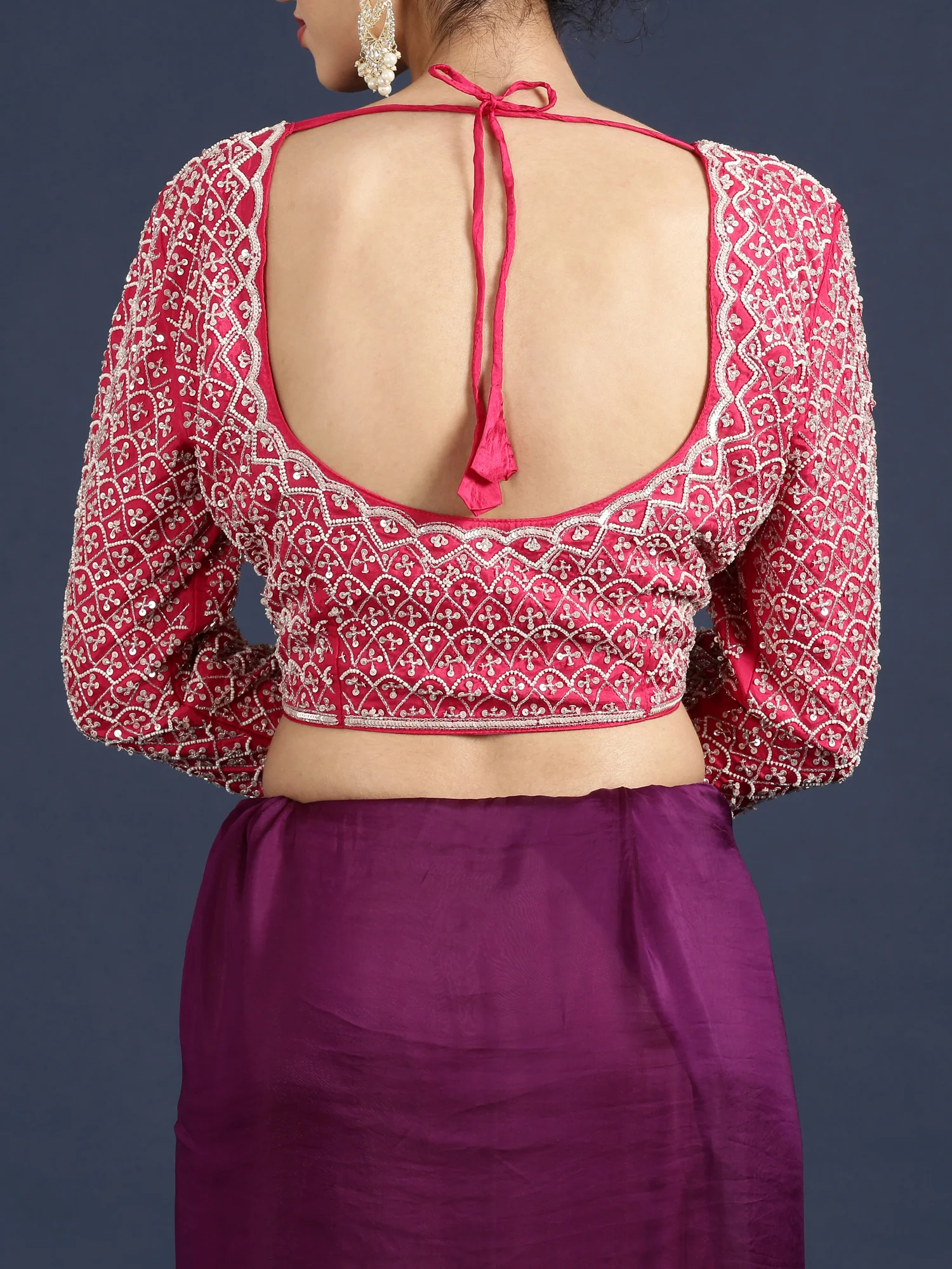 Purple Crepe Saree With Contrast Readymade Blouse - Image 8