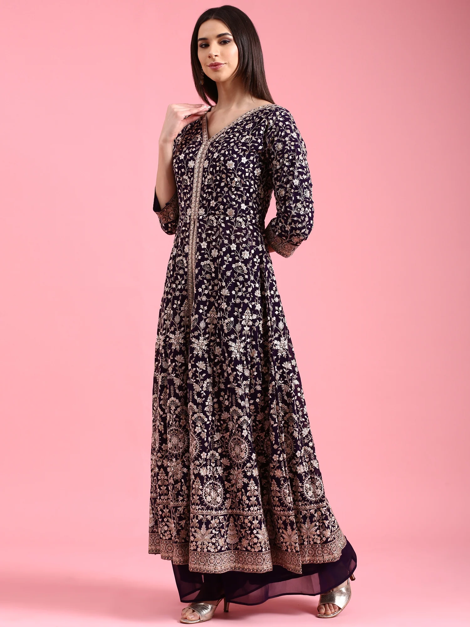 Purple Georgette Embroidered Kali With Palazzo - Image 2